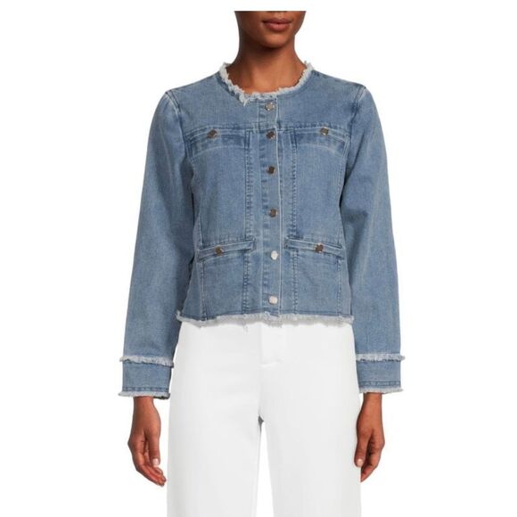 ecru Frayed-Trim Blue Denim Jacket Women’s Size Small - Picture 6 of 6